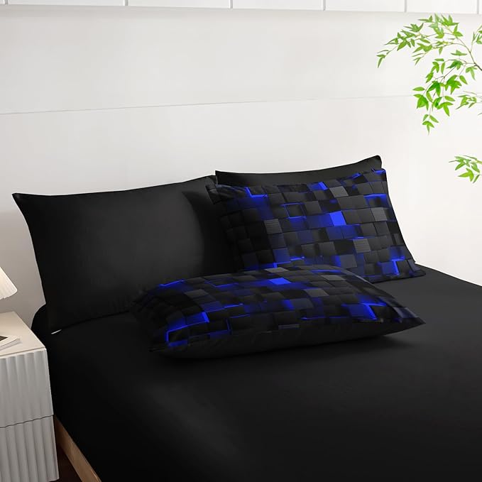 Queen Size Comforter Set 7 Piece - Black and Blue Modern Bedding, 3D Cube Design, Soft Microfiber, Gamer Bed Set, All Season