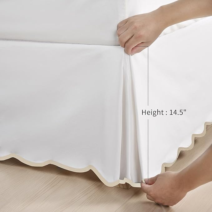 HIG Off-White Chic Full Bed Skirt - Easy Fit Scallop Edge Pleated Bedskirts, 14 Inch Drop Anti-Slip Dust Ruffle, Thick Fabric for Enhanced Privacy, Pre-Washed for Long-Lasting Use(N60022)