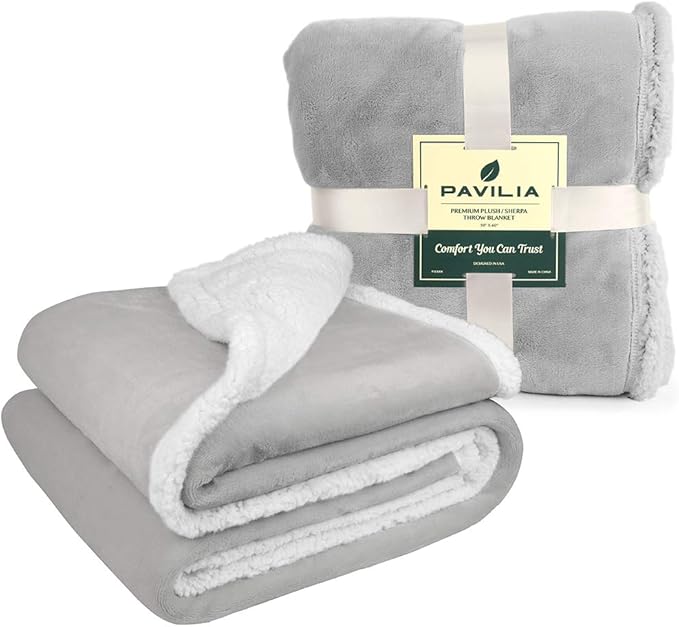 Pavilia Sherpa Fleece Blanket for Bed, King Size, Light Grey, Plush Soft Fuzzy, Cozy Reversible Winter Blanket for Women & Men, 90x108 Inches