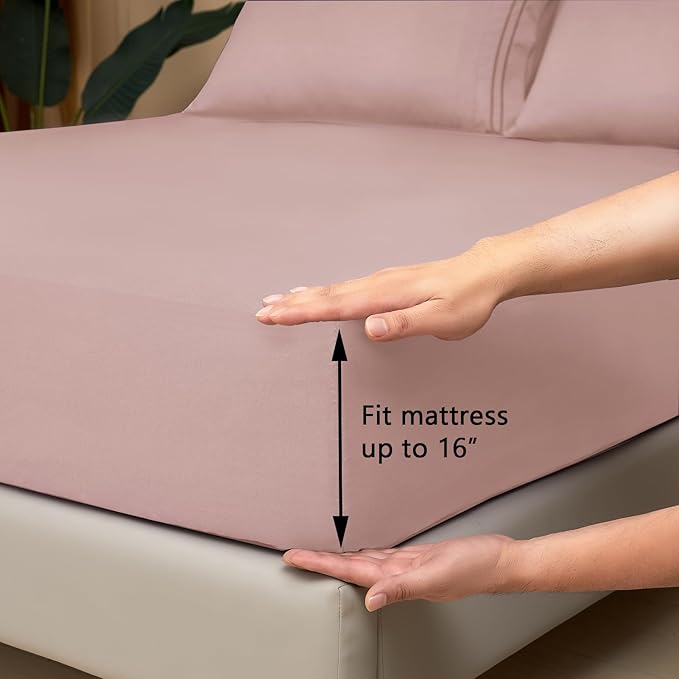 Mejoroom King Size Bed Sheet Set - Hotel Luxury 1800 Bedding Sheets & Pillowcases - 16" Deep Pocket Fitted Sheet, Soft, Breathable, Wrinkle & Fade Resistant - 4 Piece(King, Dusty Pink)