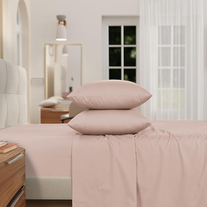 IZOD 100% Egyptian Cotton Sheets Set Twin Size, Cotton Percale Crisp Sheet Set 3Pc, Lightweight & Deep Pocket fits Upto 17", Long-Staple Soft Combed, Hotel Style Luxury Bedding Sheet - Blush Rose