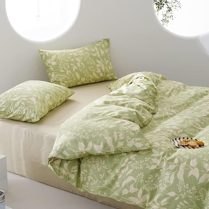 KAREVER Green Botanical Comforter Set King Sage Green Floral Comforter Cotton Women Girls Matcha Green Floral Plant Quilts Garden Bohemian Sage Green Blanket Rustic Leaf Blossom King Bed Comforter