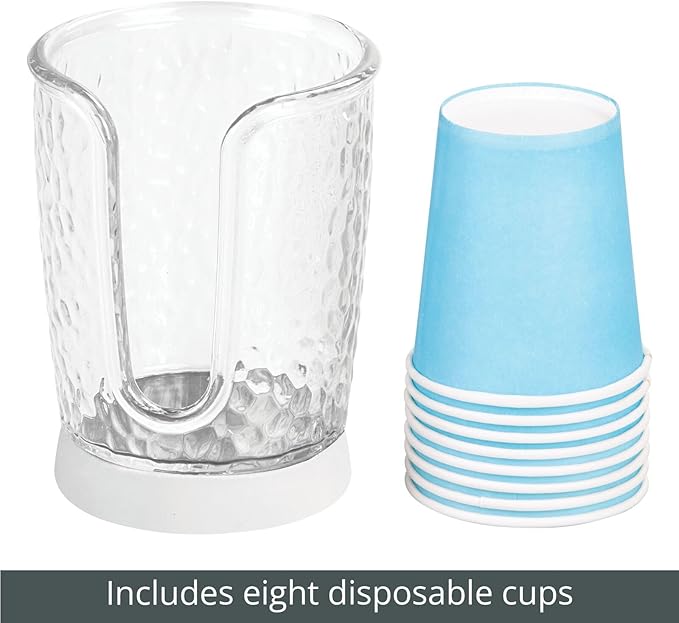 mDesign Plastic/Steel Compact Small Disposable Paper Cup Dispenser Storage Holder for Rinsing Cups on Bathroom Vanity Countertops - Rain Collection - Clear/White