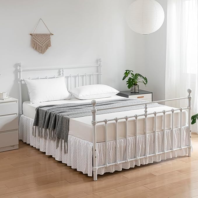 Tufted Dot Bed Skirt Twin Size Ruffled Bed Skirt with Split Corners, 14 Inch Drop Dust Ruffle Bed Skirts with Platform, White