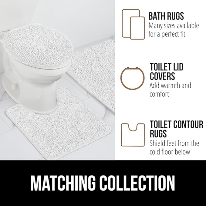 GORILLA GRIP Bathroom Rug Sets 3 Piece, Bath Mat Set and Oval Toilet Base with Rubber Backing, Plush Absorbent Shaggy Chenille Washable Mats, Includes 24x19.5, 24x17 and 30x20 Inch Rugs, White