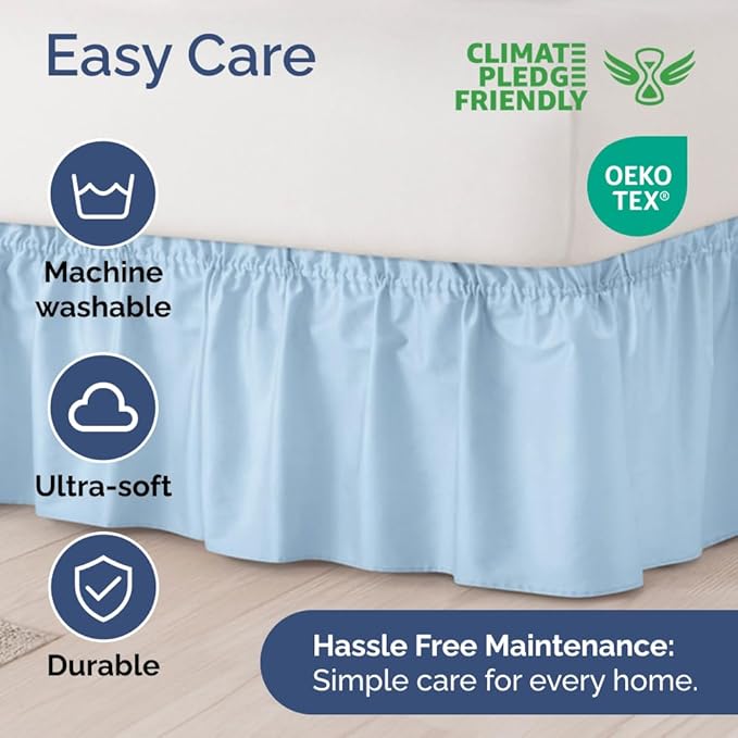Wrap Around Dust Ruffle Bed Skirt - Light Blue - for Full Size Beds with 24 Inch Drop - Elastic Strap - Adjustable Pleated Bedskirt with Brushed Fabric and Wrinkle Free - for Women, Men, Kids & Teens