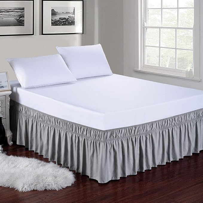 MEILA Wrap Around Bed Skirt Three Fabric Sides Elastic Dust Ruffled 18 Inch Tailored Drop,Easy to Install Fade Resistant-Grey, Queen/King