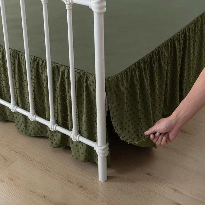 Tufted Dot Bed Skirt Queen Size Ruffled Bed Skirt with Split Corners, 14 Inch Drop Dust Ruffle Bed Skirts with Platform, Olive Green