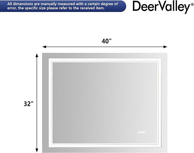 DeerValley LED Bathroom Mirror, 40" x 32" RGB Front and Backlit Wall Mounted Bathroom Vanity Mirror, Anti-Fog, 3 Colors Dimmable, Shatterproof, Tempered Glass, Memory Function (Horizontal/Vertical)