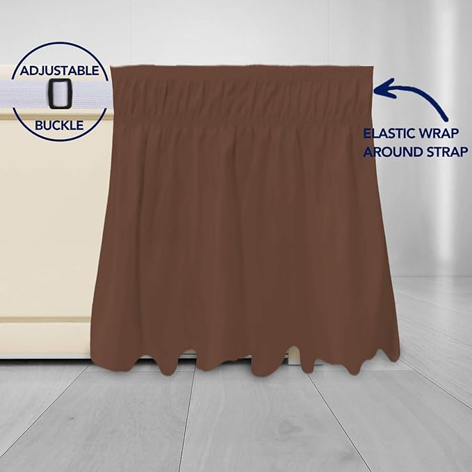 PureFit Wrap Around Ruffled Bed Skirt with Adjustable Elastic Belt - 18 Inch Drop Easy to Put On, Wrinkle Free Bedskirt Dust Ruffles, Bed Frame Cover for Queen, King and C-King Size Beds, Brown