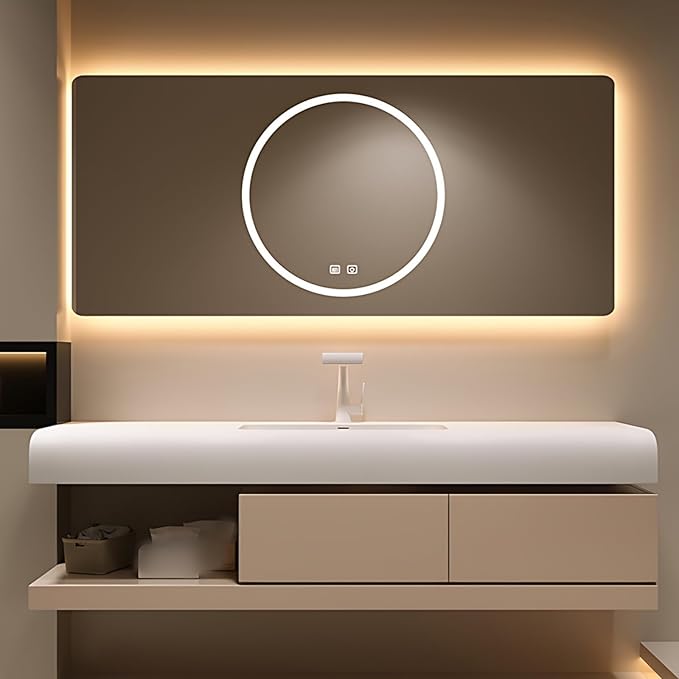 68IN Bathroom Vanity with Sink - Bathroom Cabinet Set has 2 Drawers & Overflow Hole Wall Mounted | LED Practical Defogging Mirror, Open Compartments, Seamless Rock Slab Basin (Khaki)