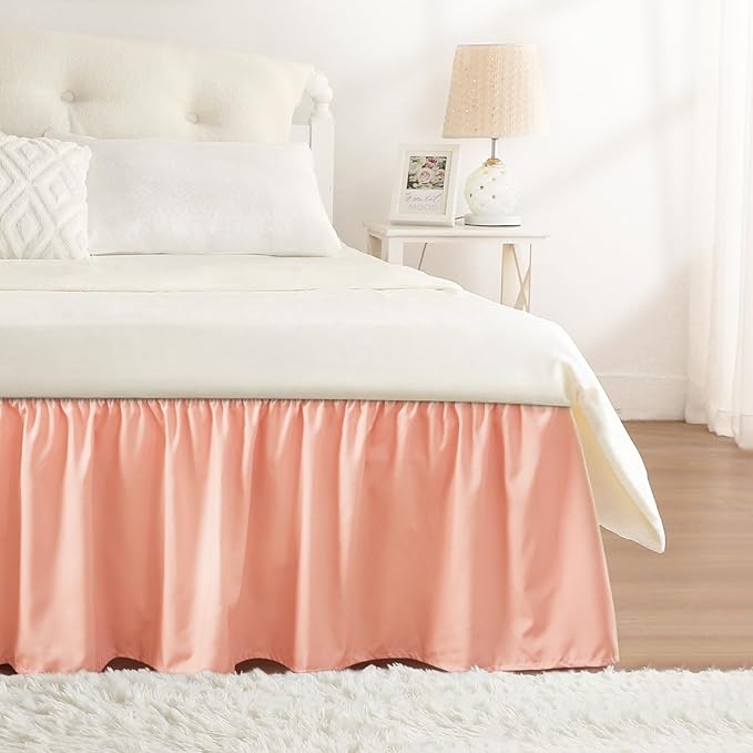 RIMELA Peachy Coral Bed Skirt Queen Size 15 Inch Drop, Wrap Around Elastic Bedskirt, Dust Ruffle for Adjustable Bed Base Machine Washable Easy to Install Bed Skirts