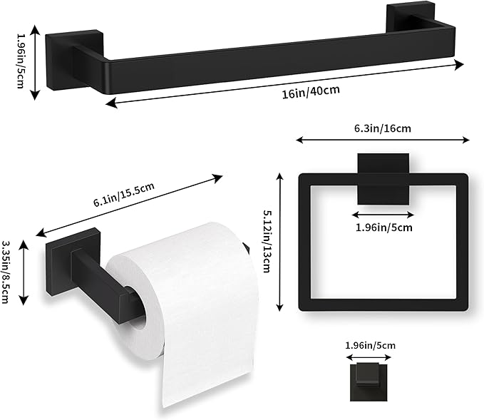 5-Pieces Matte Black Bathroom Accessories Set, 16 Inch Bath Towel Bar Set, SUS 304 Stainless Steel Bathroom Hardware Set, Towel Racks for Bathroom Wall Mounted