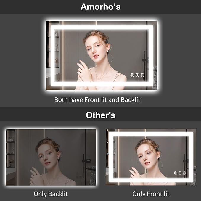 Amorho LED Bathroom Mirror 65" X36" with Front and Backlight, Stepless Dimmable Wall Mirrors with Anti-Fog, Shatter-Proof, Memory, 3 Colors, Double LED Vanity Mirror