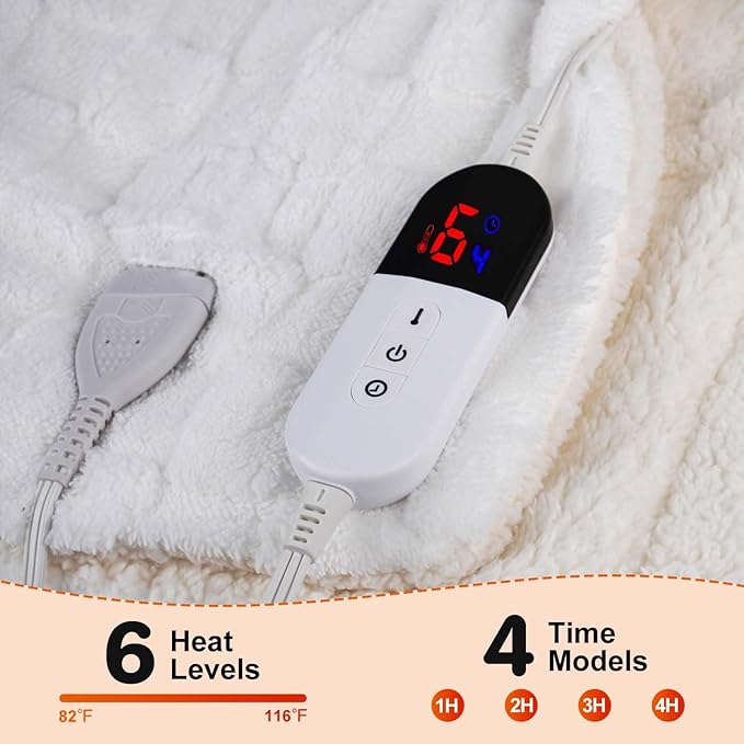 Electric Blanket Dual Control, Heated Blanket Flannel with 6 Heat Levels, 10 Time Settings, Soft Thicken Heating Blanket with ETL Certification (White, 90"X100")