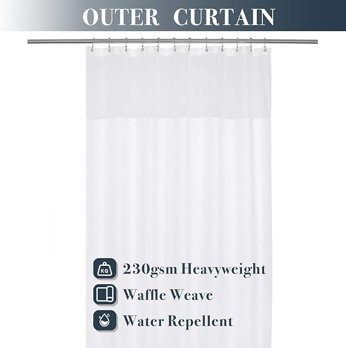 N&Y HOME Extra Long Waffle Weave Shower Curtain 96 Inch Length with Snap-in Fabric Liner & Metal Hooks Set - Hotel Style, Waterproof & Washable, Heavyweight Fabric & Mesh Top Window - 71"Wx96"L, White