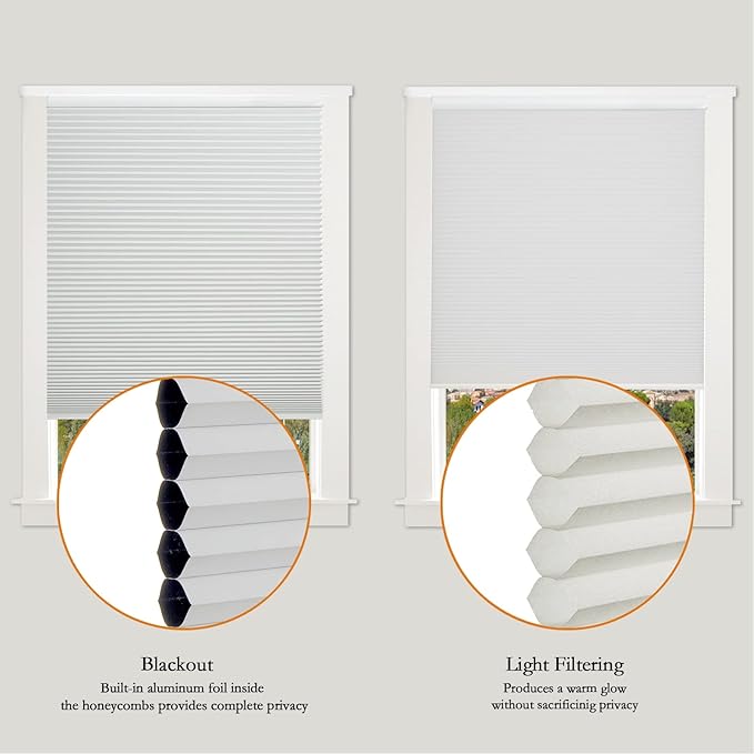 Persilux Custom Size Cellular Shades Cordless 100% Blackout Roller Shades Thermal Insulated Pleated Window Blinds Honeycomb Shades for Home, Office and French Door Light Grey