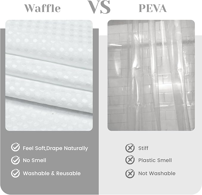 No Hook Shower Curtain with Snap in Liner Set Waffle Shower Curtain for Bathroom Hotel Style Fabric Waterproof Inner Liner，60" W x 74" H, White
