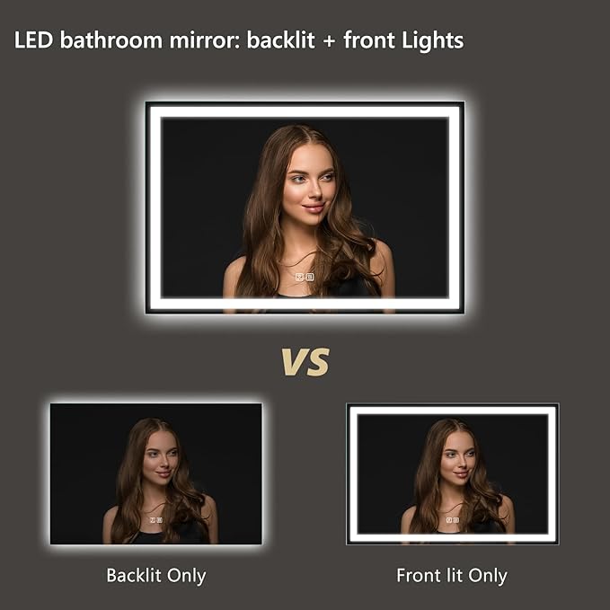 APRILSOUL 36x28 Inch LED Bathroom Mirror with Front and Backlit, Makeup Mirror with 3 Color Lights, Memory Function, Anti-Fog and Dimmable Light (Horizontal/Vertical)