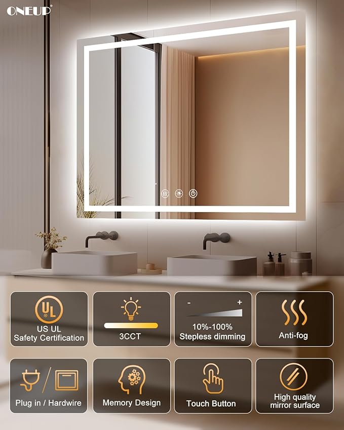 oneup 48''x40'' Bathroom Mirror with Lights,Front Lighted Bathroom Mirrors for Wall,Anti-Fog Smart Vanity Mirror,Touch Button and Memory Function,Dimmable 3-Color Lights