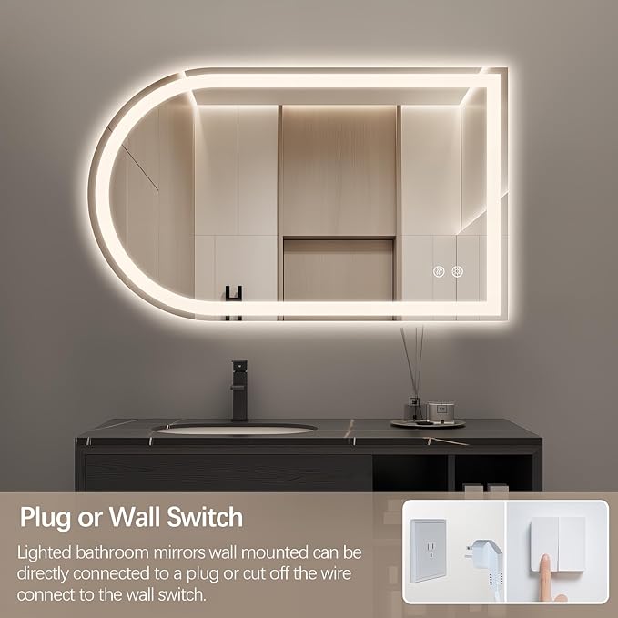 Niccy Arched LED Mirror for Bathroom, 40x24 Vanity Mirror with Light Frameless Bathroom Mirror, Smart Lighted Frontlit Mirrors with Memory Function for Bathroom Bedroom Beauty Hair Salon