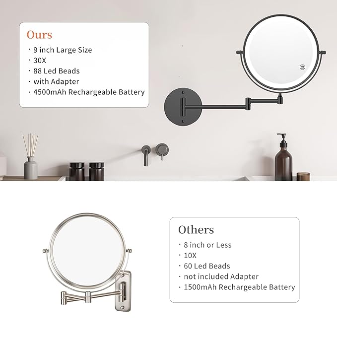 FUNTOUCH 9" 1X/30X Wall Mounted Lighted Makeup Mirror, 4500mAh Rechargeable Double Sided Magnifying Mirror with Light, 3 Color Lights,Touch Dimmable, 360 Rotation Extended Arm for Bathroom,Black