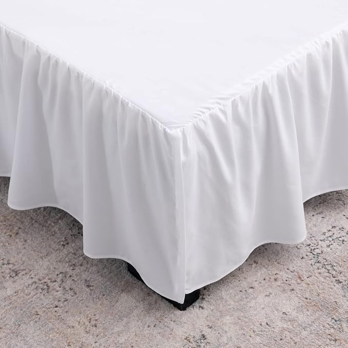 TSUTOMI Bed Skirt King Size Ruffled Bed Skirt with Split Corners, 18 Inch Drop Dust Ruffle Bed Skirts with Platform, Gathered Style, 100% Microfiber, White