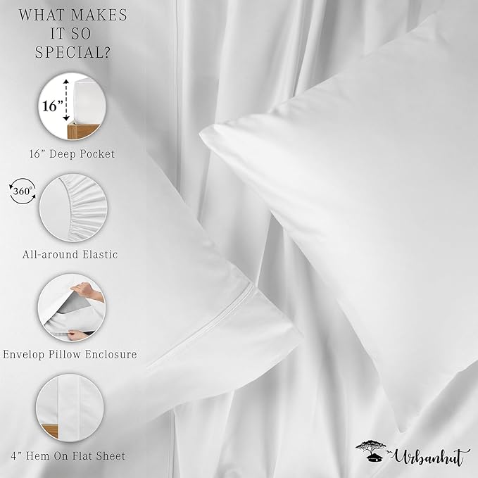 URBANHUT 700 Thread Count Egyptian Cotton Sheets Queen Size, 4Pc Sheet Set Soft Luxury Bed Sheets for Queen Size Bed, Sateen Weave Hotel Sheets, 16'' Elasticized Deep Pocket - White