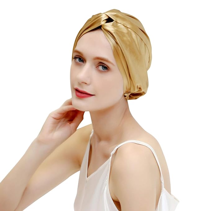 ZIMASILK 22 Momme 100% Mulberry Silk Bonnet for Sleeping & Women Hair Care, Highest Grade 6A Silk Hair wrap for Sleeping with Premium Elastic Stay On Head (1Pc, Golden)
