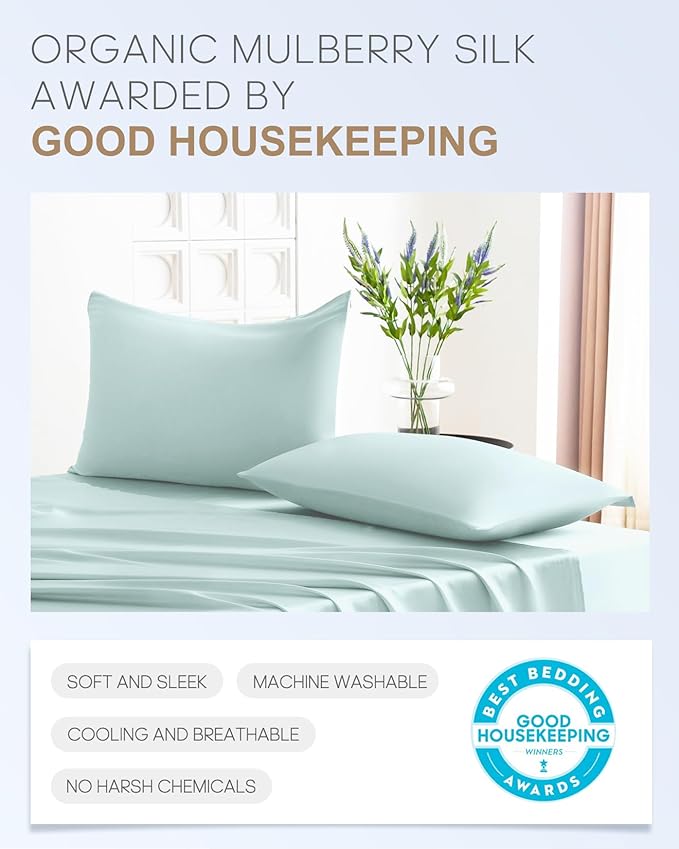 THXSILK 100% Mulberry Silk Pillowcase for Hair and Skin, Grade 6A+ Mulberry Silk Pillow Case 22 Momme, Hypoallergenic Pillow Case Cover with Zipper, 1pc (Queen 20"x30", Light Blue)