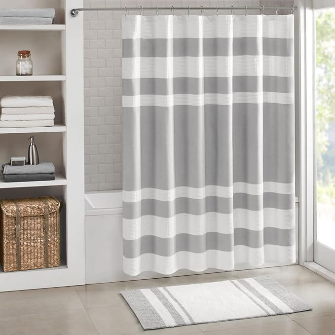 Madison Park Spa Waffle Shower Curtain Pieced Fabric with 3M Scotchgard Moisture Management Modern Home Bathroom Decorations, Tall 72"x84", Grey