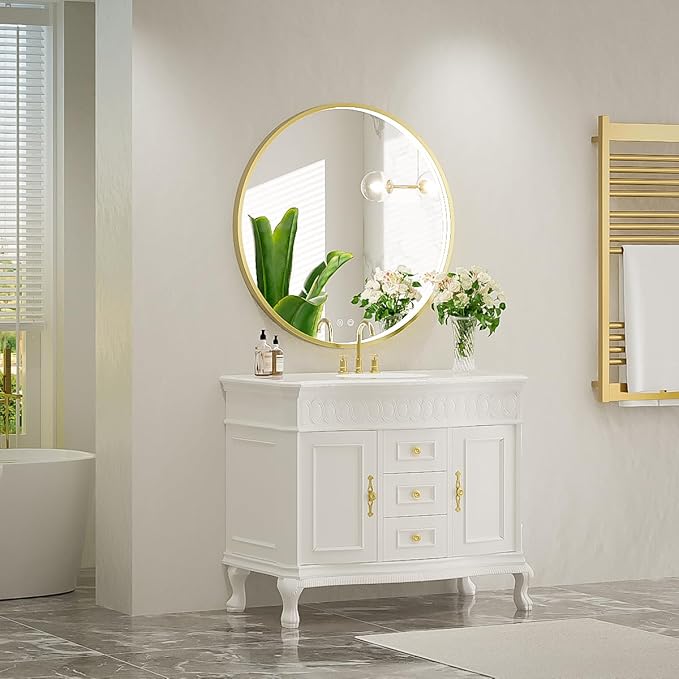 24" Round LED Bathroom Mirror, Dimmable Anti-Fog Vanity Mirror with Touch Control, 6000K Natural Light, Gold Metal Frame, Wall Mounted for Makeup Shaving (IP54, 90+ CRI)