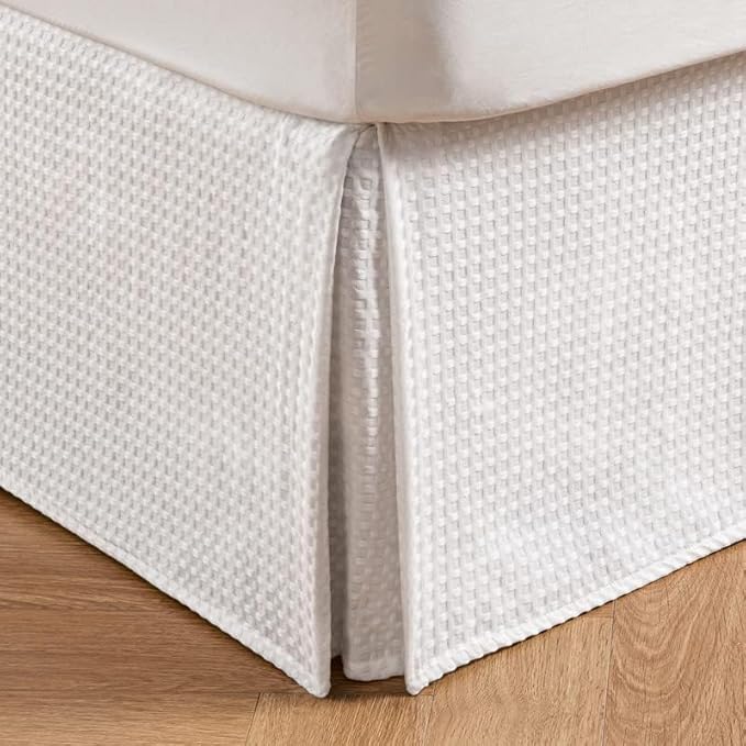 MIYE Pleated Waffle Weave Bed Skirt, Tailored Dust Ruffle 12 Inch Drop Easy Fit, Machine Washable (White, Full - 12" Drop)