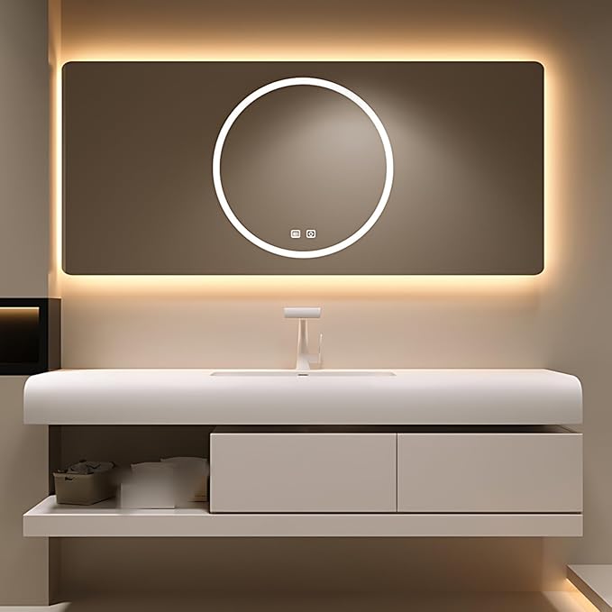 68IN Bathroom Vanity with Sink - Bathroom Cabinet Set has 2 Drawers & Overflow Hole Wall Mounted | LED Practical Defogging Mirror, Open Compartments, Seamless Rock Slab Basin (Cream White)