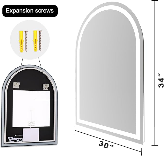 LED Bathroom Mirrors with Lights 30"x34" Arched Mirror for Wall,Led Vanity Mirror, Anti-Fog,LED Mirrors with Front Light and Backlit, Anti-Fog, Dimmable, 3 Color, Shatterproof, Touch Sensor