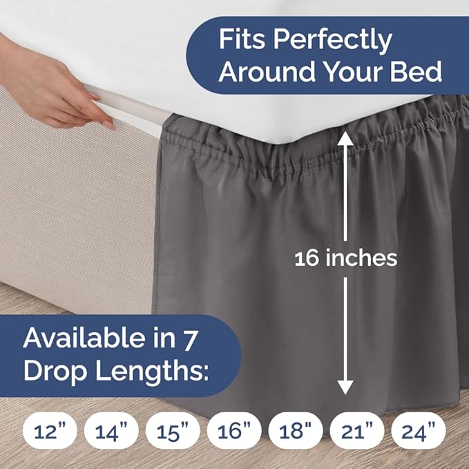 Wrap Around Dust Ruffle Bed Skirt - Dark Grey - for King Size Beds w/ 16 Inch Drop - Easy Fit Elastic Strap - Adjustable Pleated Bedskirt with Brushed Fabric, Wrinkle Free Women, Men, Kids and Teens