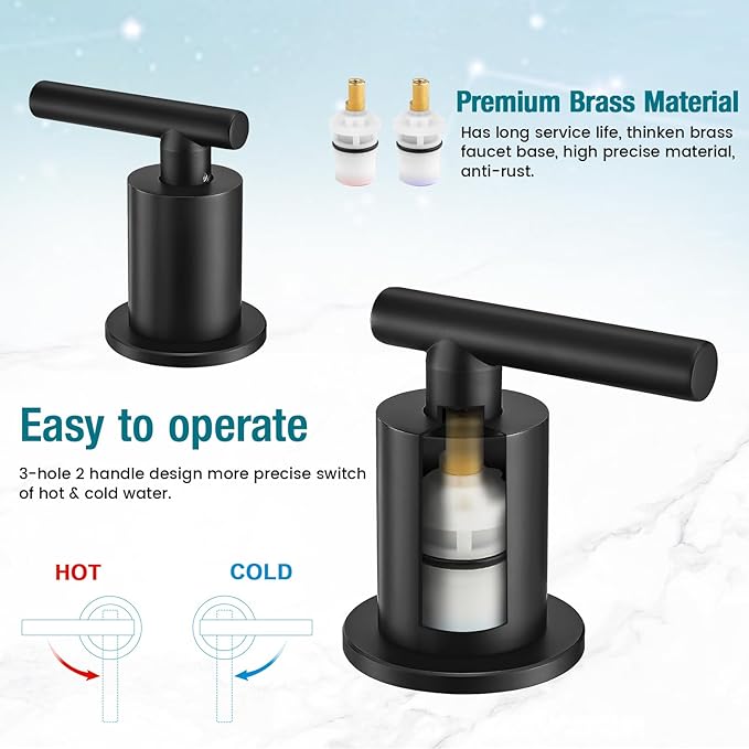 Matte Black Bathroom Faucet 3 Hole, 8 Inch Widespread with Pop-up Drain, 2 Handle Bathroom Sink Faucet, Modern Vanity Faucet for Bathroom Sink with 360° Swivel Spout