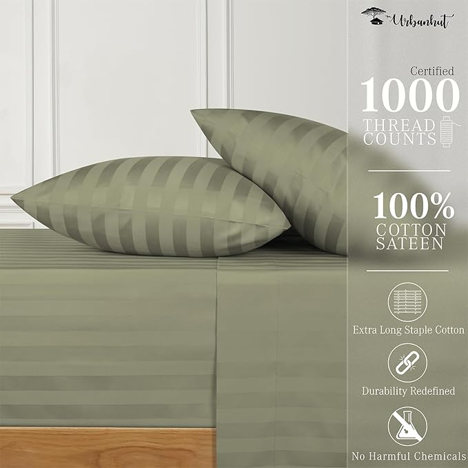 URBANHUT 1000 Thread Count Damask Striped California King Size Egyptian Cotton Sheets, Long Staple Soft & Breathable, 4 Pc Bed Sheet Sets, Luxury Hotel Sateen Sheets Fits 16" Deep Pocket - Sage