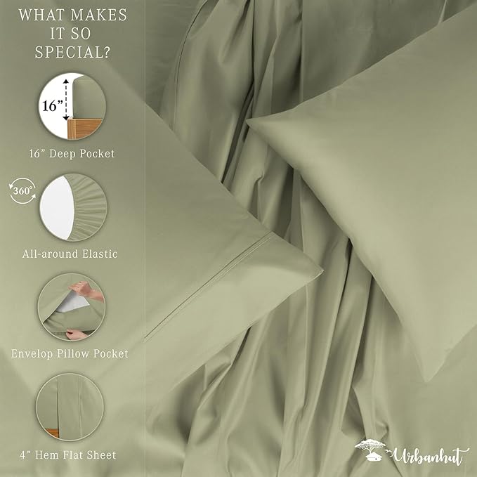URBANHUT 1000 Thread Count Queen Size Egyptian Cotton Sheets, Long Staple Bedsheets, Soft & Breathable, 4 Pc Bed Sheet Sets, Luxury Hotel Sateen Sheets Fits 16" Deep Pocket - Sage