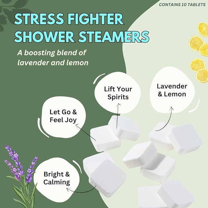 Stress Fighter Shower Steamers Aromatherapy for Relaxing - Christmas Gift - Adult Stocking Stuffer - USA Made - Lavender & Lemon Shower Bomb Tablets - Soothing Natural Essential Oils (10 Pack)