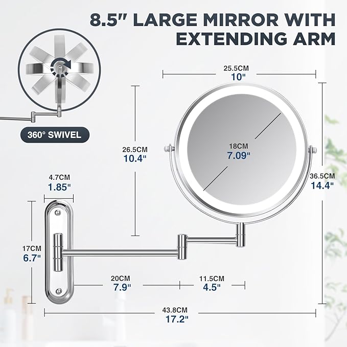 Wall Mounted Mirror with Lights - 15x Magnifing Extended Arm Mirror, 3 Color Lights & 360°Swivel Vanity Mirror, 8.5in Bathroom Mirrors for Wall Mounted - Chrome