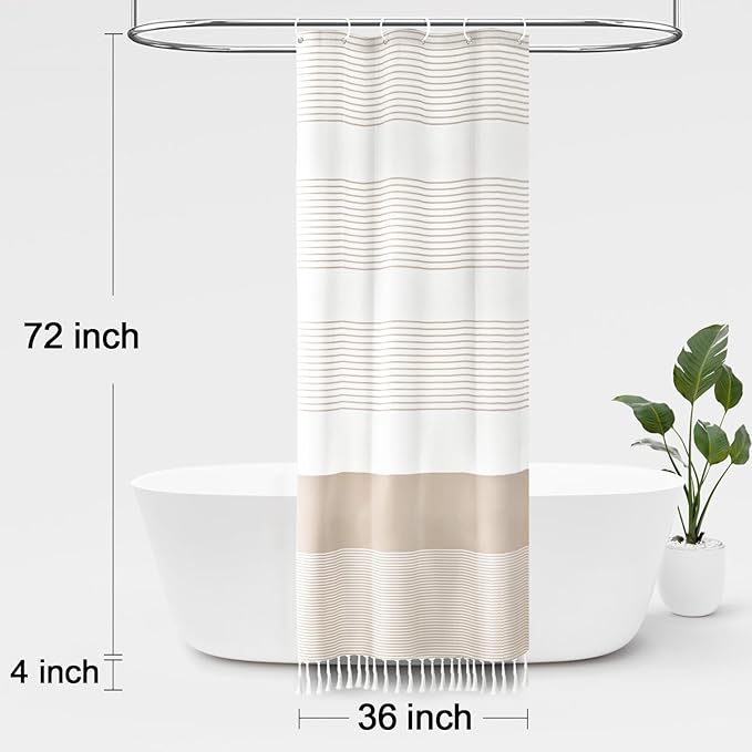 Awellife Boho Beige Shower Curtain for Bathroom Stall Cotton Stripe Tassel Shower Curtain 36 X 72 Inches Natural Texture
