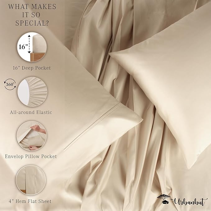 URBANHUT 700 Thread Count Egyptian Cotton Sheets California King Size, 4Pc Sheet Set Soft Luxury Bed Sheets for Cal King Size Bed, Sateen Weave Hotel Sheets, 16'' Elasticized Deep Pocket - Sand