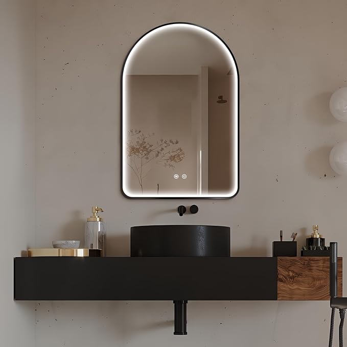 Niccy Arched LED Bathroom Mirror, 30"x20" Black Framed Arch Wall Lighted Mirrors, Arching Frontlit Vanity-Mirror with Memory Function for Bathroom Bedroom, Defogger and 3 Color, Explosion-Proof