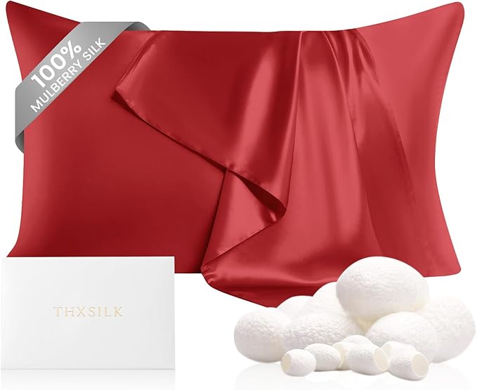 THXSILK 100% Pure Mulberry Silk Pillowcase for Hair and Skin, Highest 6A+ Grade 22 Momme Silk Pillow Case Standard Size, Silk Pillowcase with Zipper (Red, Standard Size 20"x26")