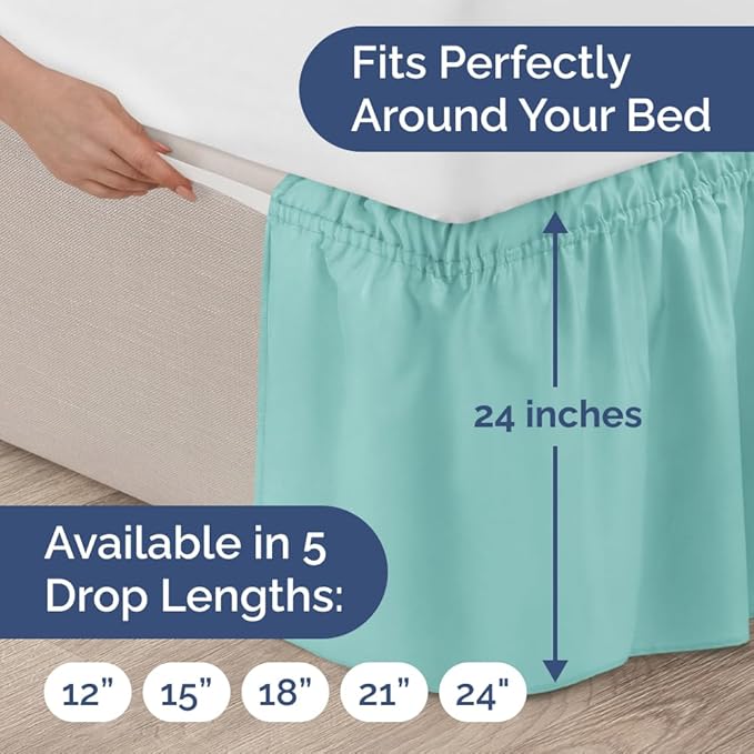 Wrap Around Dust Ruffle Bed Skirt - Spa Blue - for Queen Size Beds with 24 Inch Drop - Elastic Strap - Adjustable Pleated Bedskirt with Brushed Fabric and Wrinkle Free - for Women, Men, Kids & Teens
