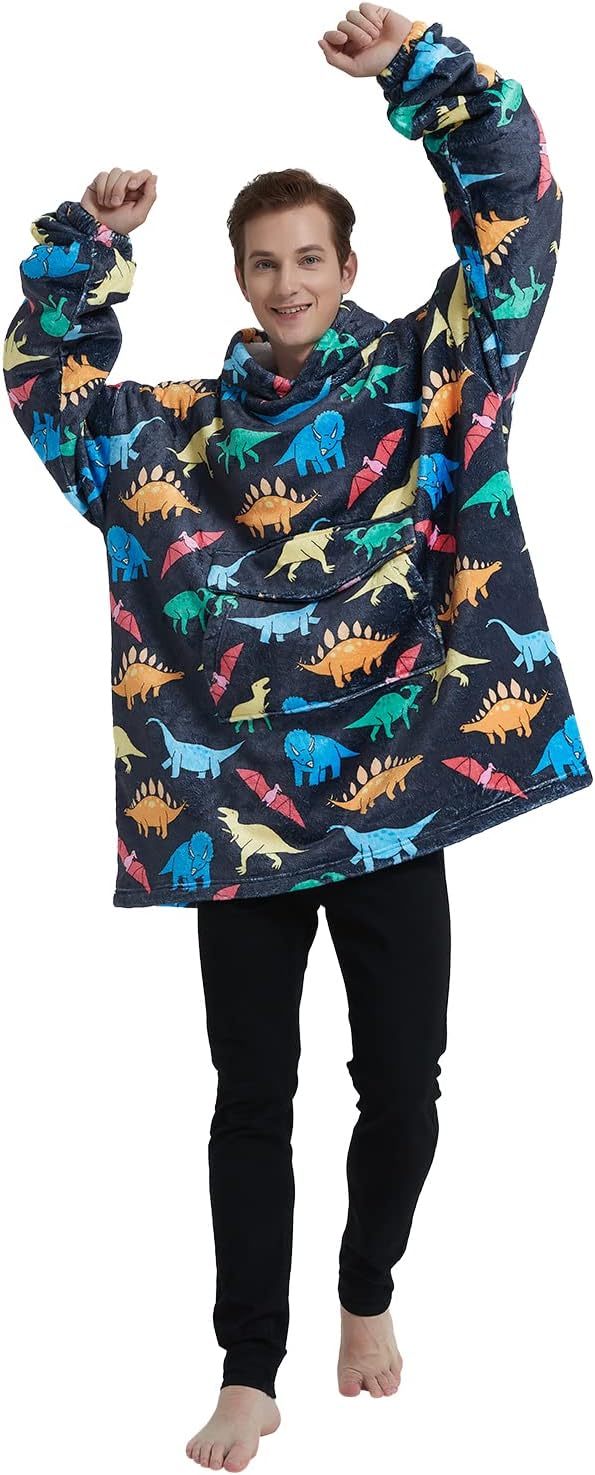 Wearable Blanket Hoodie for Adult,Oversized Sherpa Fleece Blanket Hoodie for Women Men,Dinosaur