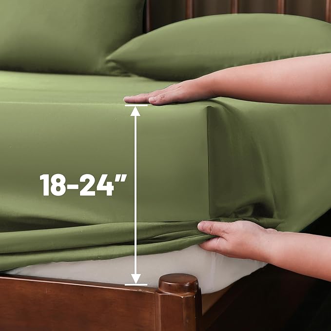 Extra Deep Pocket California King Sheets 18-24 Inch 1000 Thread Count 100% Egyptian Cotton Sateen Weave Soft Breathable 4 Pieces（California King,Olive Green）