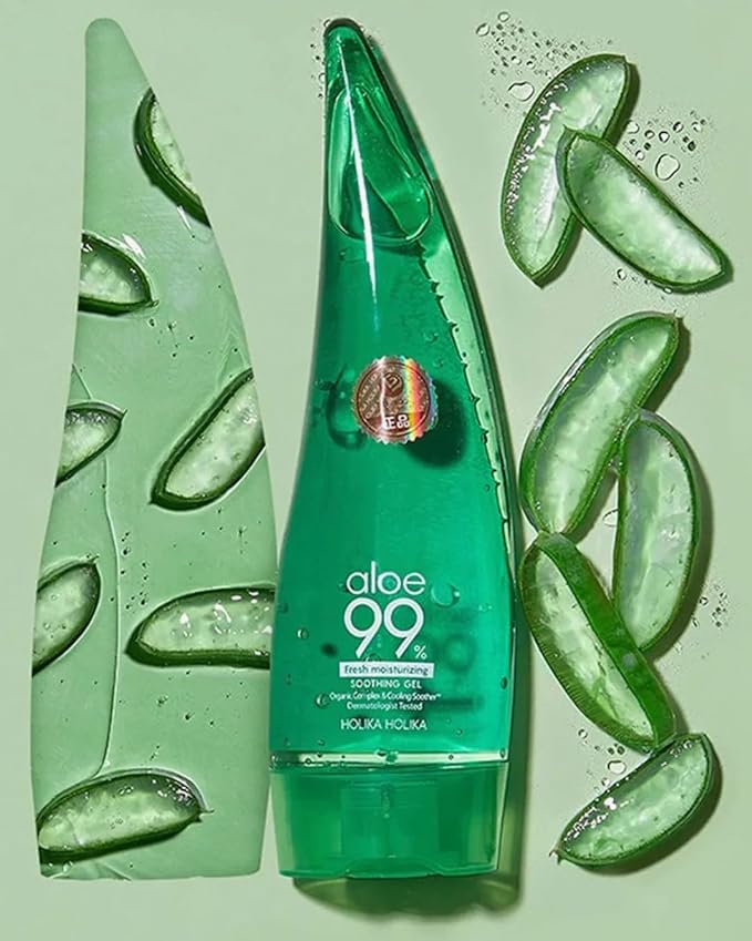 HOLIKA HOLIKA Aloe 99% Soothing Gel Fresh Moisturizing, 8.5 Ounce, 250ml 2 Pack - No Sticky 99% Aloe Vera Sunburn Relief - Moisturizing, Fast Absorbing for Face, Skin, Body&Hair