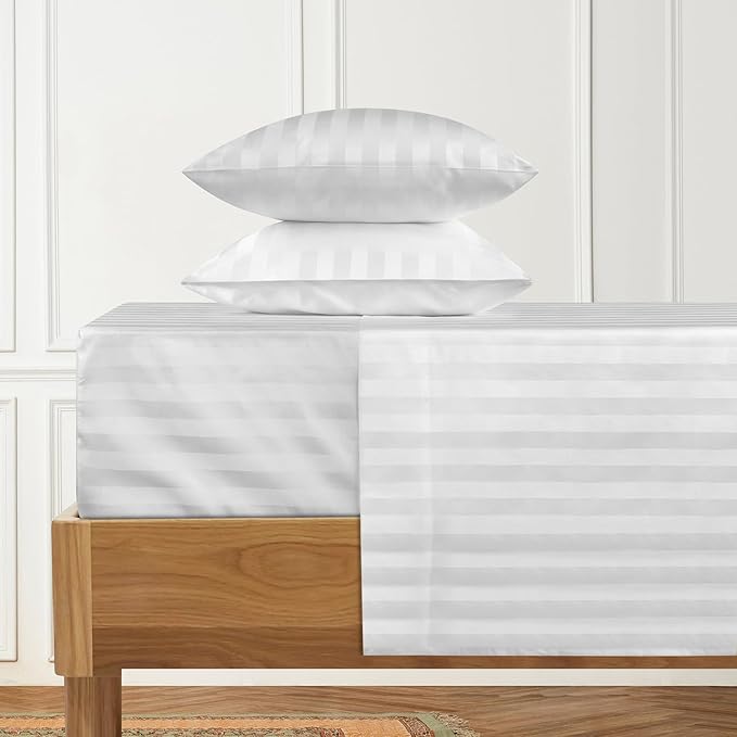 URBANHUT 1000 Thread Count Egyptian Cotton Sheets Damask Striped Full Size, Long Staple Soft & Breathable, 4 Pc Bed Sheet Sets, Luxury Hotel Sateen Sheets Fits 16" Deep Pocket - White